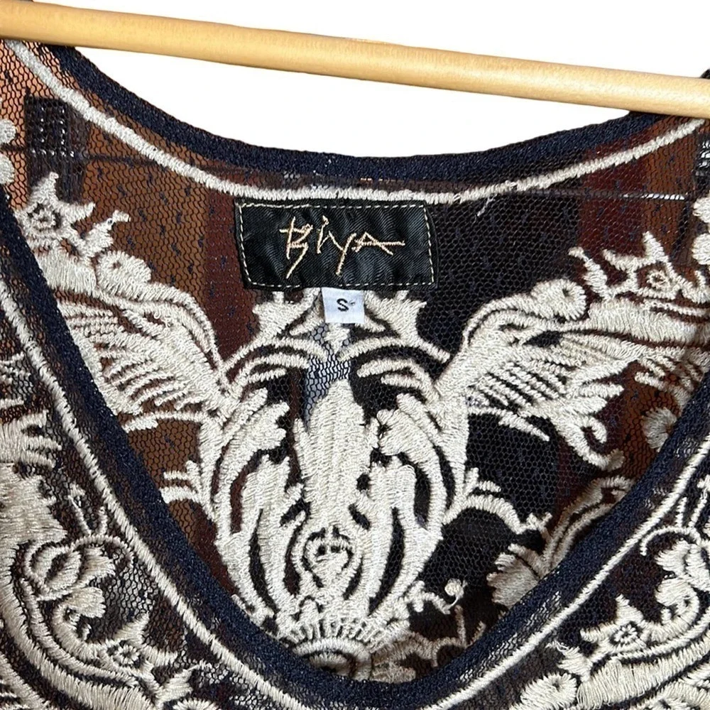 Johnny Was Biya Navy Blue Mesh Embroidered Sheer Dress Size Small